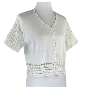 Vintage SML Sport Crochet Knit Ivory Short Sleeve Cardigan Sweater Women's L